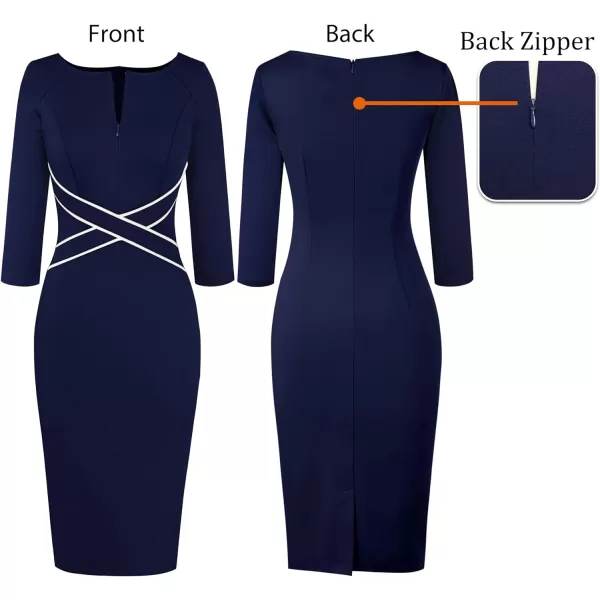 VFSHOW Womens Colorblock Front Zipper Work Office Business Party Bodycon Pencil DressNavy Blue34 Sleeve