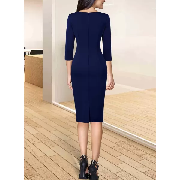 VFSHOW Womens Colorblock Front Zipper Work Office Business Party Bodycon Pencil DressNavy Blue34 Sleeve