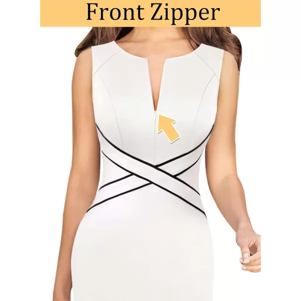 VFSHOW Womens Colorblock Front Zipper Work Office Business Party Bodycon Pencil DressOffwhite With Black Piping