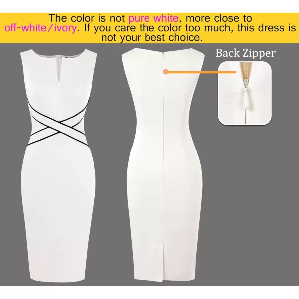 VFSHOW Womens Colorblock Front Zipper Work Office Business Party Bodycon Pencil DressOffwhite With Black Piping