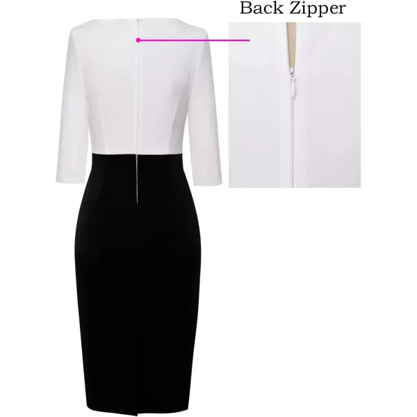 VFSHOW Womens Colorblock Front Zipper Work Office Business Party Bodycon Pencil DressOffwhiteblack34 Sleeve