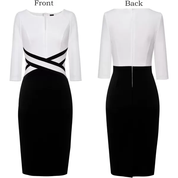 VFSHOW Womens Colorblock Front Zipper Work Office Business Party Bodycon Pencil DressOffwhiteblack34 Sleeve