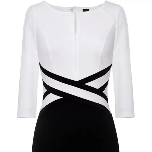 VFSHOW Womens Colorblock Front Zipper Work Office Business Party Bodycon Pencil DressOffwhiteblack34 Sleeve