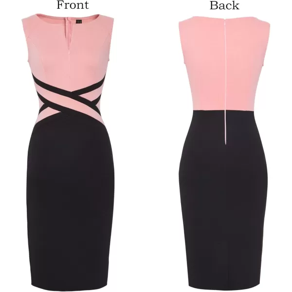 VFSHOW Womens Colorblock Front Zipper Work Office Business Party Bodycon Pencil DressPeach Pinkblack