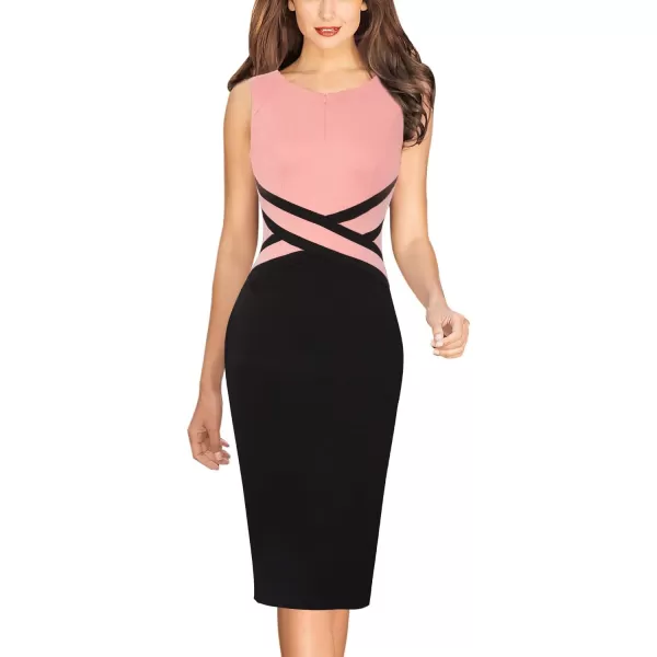 VFSHOW Womens Colorblock Front Zipper Work Office Business Party Bodycon Pencil DressPeach Pinkblack