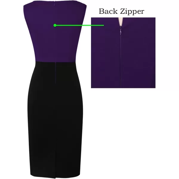 VFSHOW Womens Colorblock Front Zipper Work Office Business Party Bodycon Pencil DressPurple and Black