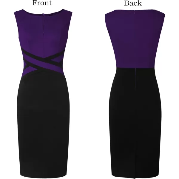 VFSHOW Womens Colorblock Front Zipper Work Office Business Party Bodycon Pencil DressPurple and Black