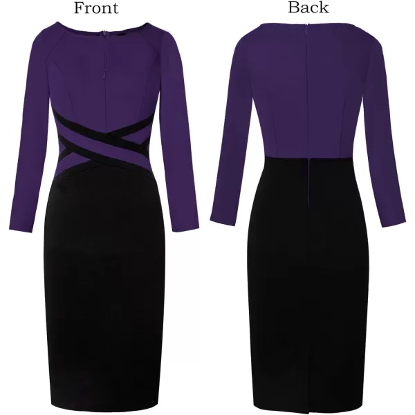 VFSHOW Womens Colorblock Front Zipper Work Office Business Party Bodycon Pencil DressPurple and Blacklong Sleeve