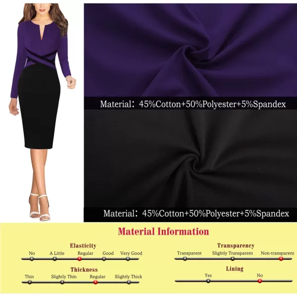 VFSHOW Womens Colorblock Front Zipper Work Office Business Party Bodycon Pencil DressPurple and Blacklong Sleeve