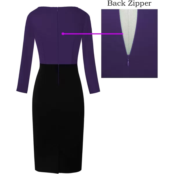 VFSHOW Womens Colorblock Front Zipper Work Office Business Party Bodycon Pencil DressPurple and Blacklong Sleeve