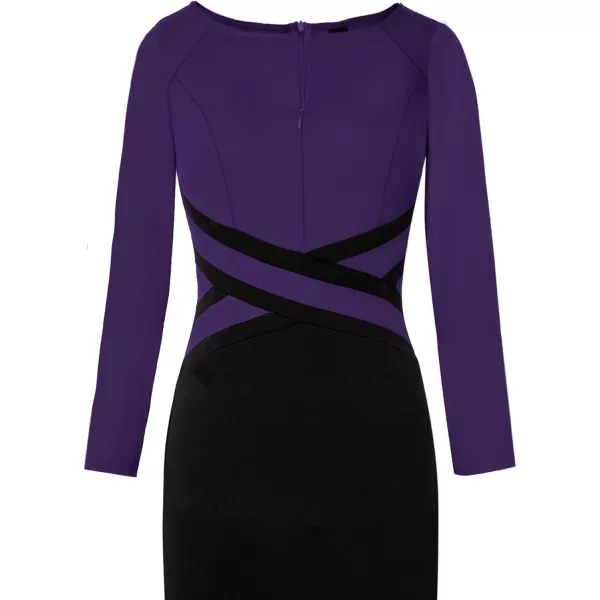 VFSHOW Womens Colorblock Front Zipper Work Office Business Party Bodycon Pencil DressPurple and Blacklong Sleeve