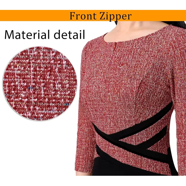 VFSHOW Womens Colorblock Front Zipper Work Office Business Party Bodycon Pencil DressRed Tweed  Black