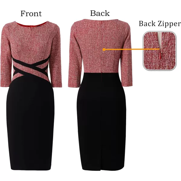 VFSHOW Womens Colorblock Front Zipper Work Office Business Party Bodycon Pencil DressRed Tweed  Black