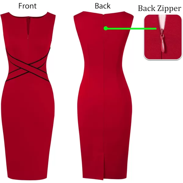 VFSHOW Womens Colorblock Front Zipper Work Office Business Party Bodycon Pencil DressRed With Black Piping Sleeveless