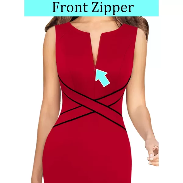 VFSHOW Womens Colorblock Front Zipper Work Office Business Party Bodycon Pencil DressRed With Black Piping Sleeveless