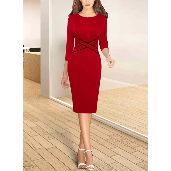 VFSHOW Womens Colorblock Front Zipper Work Office Business Party Bodycon Pencil DressRed34 Sleeve