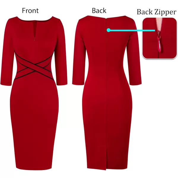 VFSHOW Womens Colorblock Front Zipper Work Office Business Party Bodycon Pencil DressRed34 Sleeve