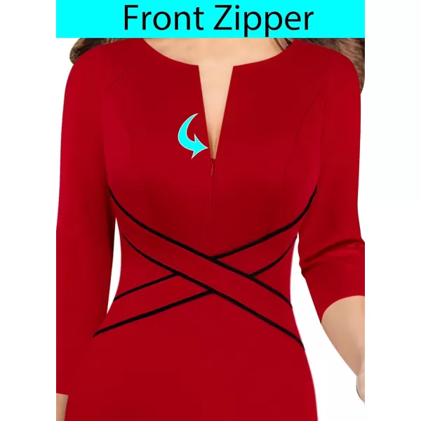 VFSHOW Womens Colorblock Front Zipper Work Office Business Party Bodycon Pencil DressRed34 Sleeve