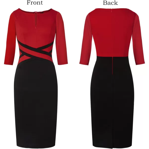 VFSHOW Womens Colorblock Front Zipper Work Office Business Party Bodycon Pencil DressRedblack34 Sleeve