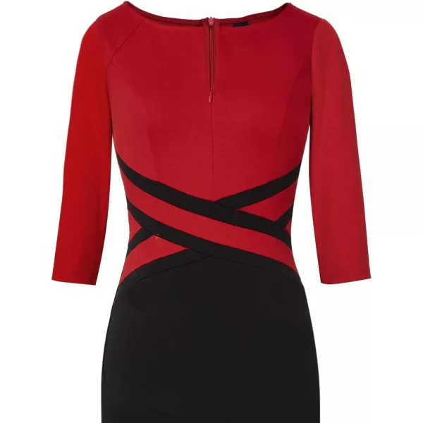 VFSHOW Womens Colorblock Front Zipper Work Office Business Party Bodycon Pencil DressRedblack34 Sleeve