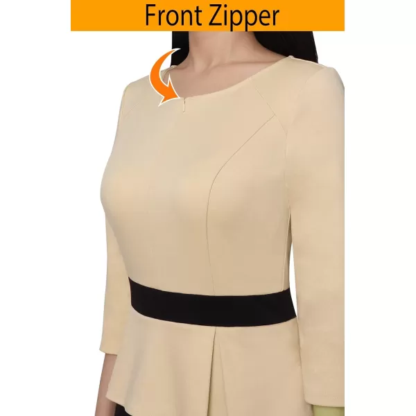 VFSHOW Womens Colorblock Peplum Slim Front Zipper Work Business Office ALine Midi DressBeige and Black