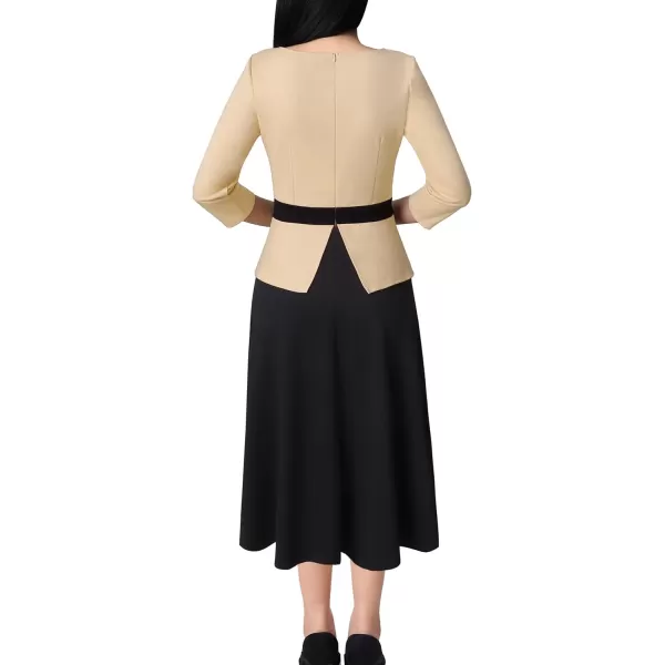 VFSHOW Womens Colorblock Peplum Slim Front Zipper Work Business Office ALine Midi DressBeige and Black