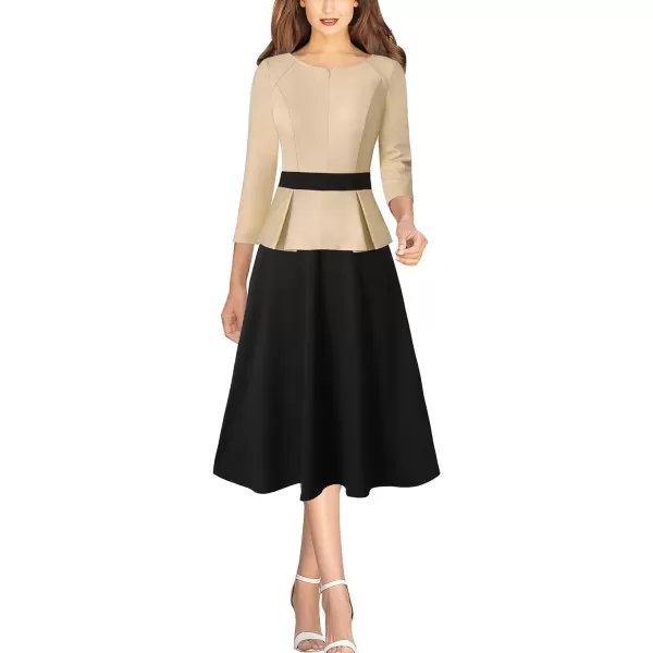 VFSHOW Womens Colorblock Peplum Slim Front Zipper Work Business Office ALine Midi DressBeige and Black