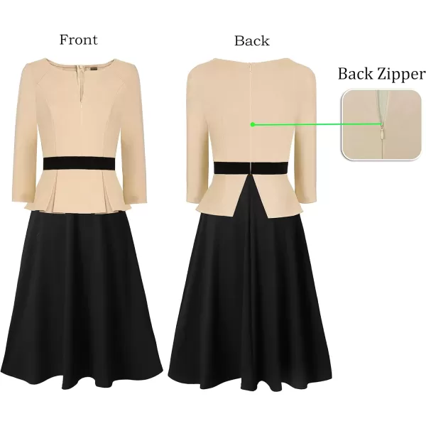 VFSHOW Womens Colorblock Peplum Slim Front Zipper Work Business Office ALine Midi DressBeige and Black