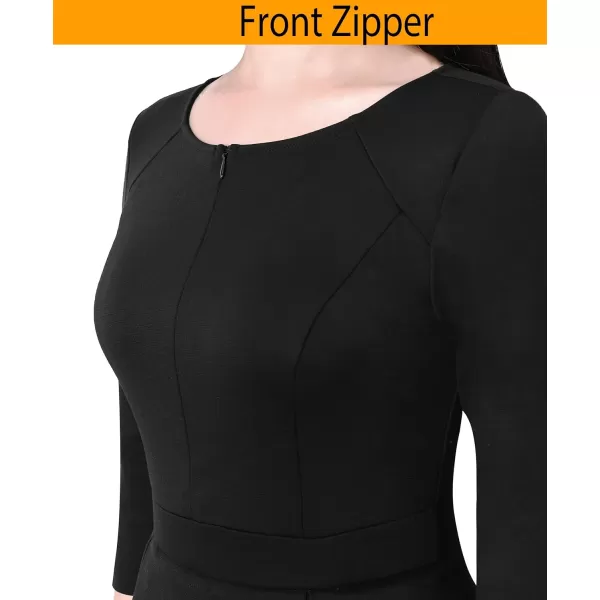 VFSHOW Womens Colorblock Peplum Slim Front Zipper Work Business Office ALine Midi DressBlack  Off White Print