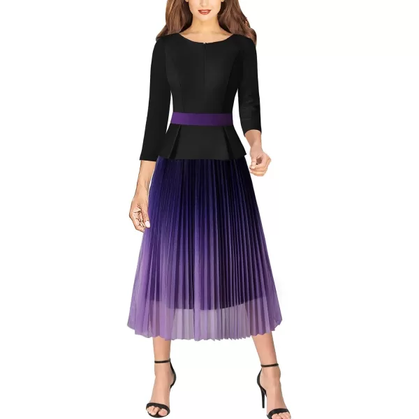 VFSHOW Womens Colorblock Peplum Slim Front Zipper Work Business Office ALine Midi DressBlack  Purple Ombre