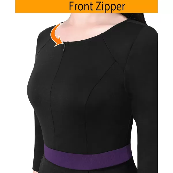 VFSHOW Womens Colorblock Peplum Slim Front Zipper Work Business Office ALine Midi DressBlack  Purple Ombre