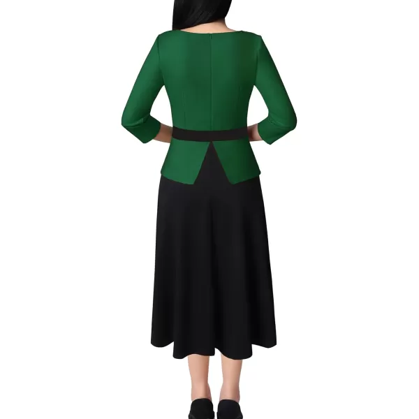 VFSHOW Womens Colorblock Peplum Slim Front Zipper Work Business Office ALine Midi DressDark Green and Black