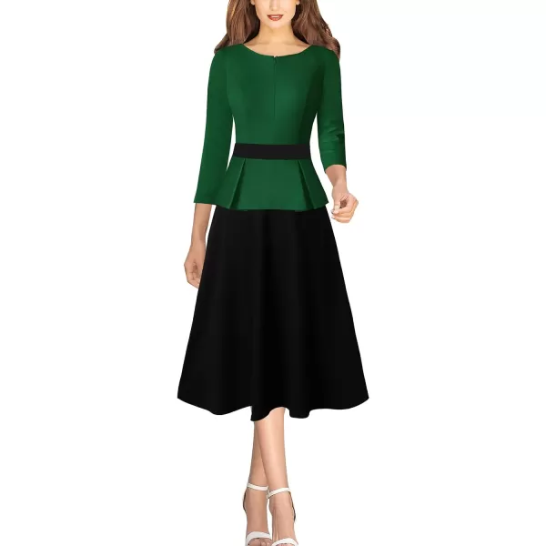 VFSHOW Womens Colorblock Peplum Slim Front Zipper Work Business Office ALine Midi DressDark Green and Black