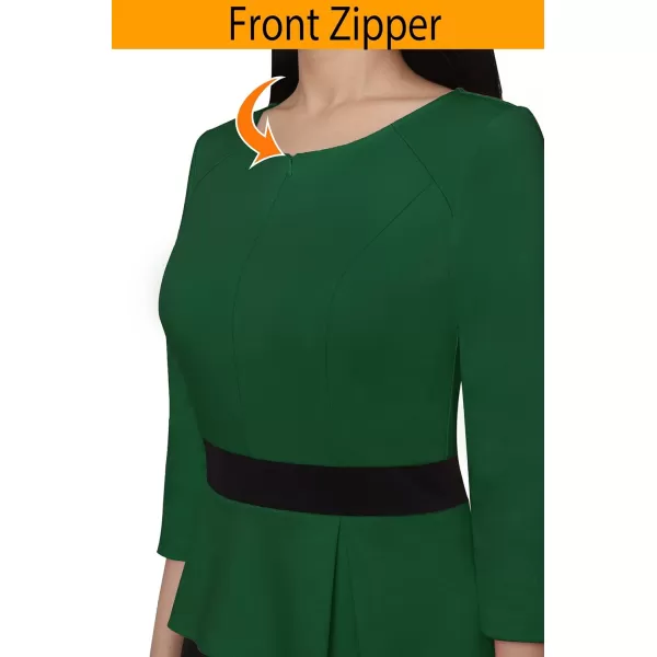 VFSHOW Womens Colorblock Peplum Slim Front Zipper Work Business Office ALine Midi DressDark Green and Black