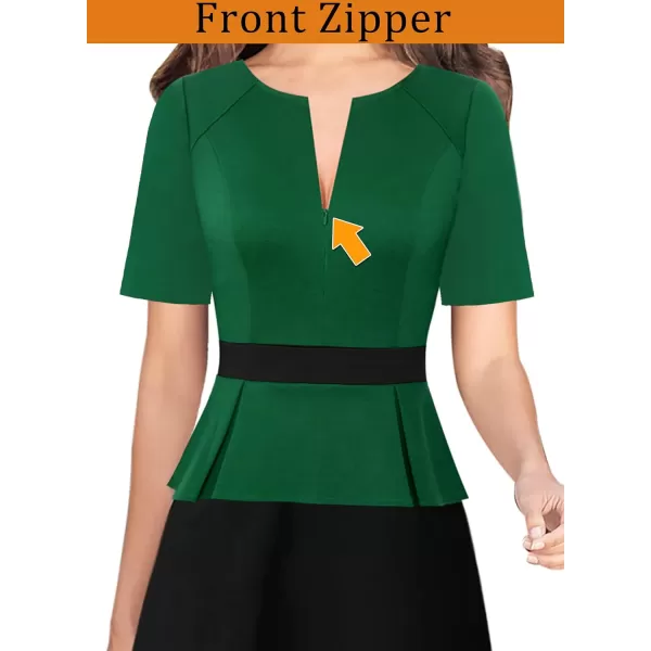 VFSHOW Womens Colorblock Peplum Slim Front Zipper Work Business Office ALine Midi DressGreen  Black2