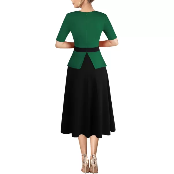 VFSHOW Womens Colorblock Peplum Slim Front Zipper Work Business Office ALine Midi DressGreen  Black2