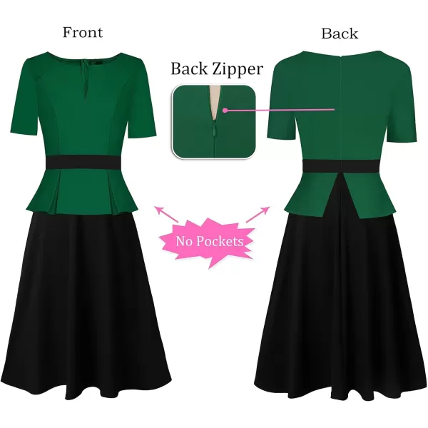 VFSHOW Womens Colorblock Peplum Slim Front Zipper Work Business Office ALine Midi DressGreen  Black2