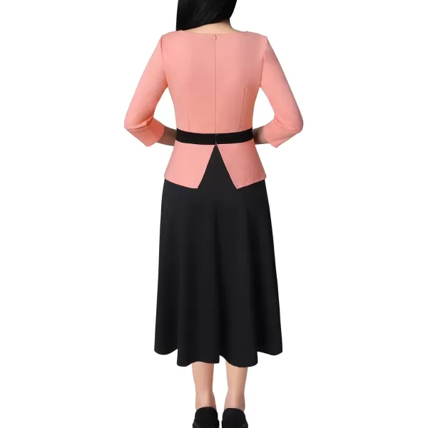 VFSHOW Womens Colorblock Peplum Slim Front Zipper Work Business Office ALine Midi DressPeach and Black