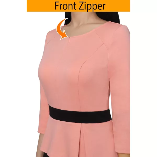 VFSHOW Womens Colorblock Peplum Slim Front Zipper Work Business Office ALine Midi DressPeach and Black