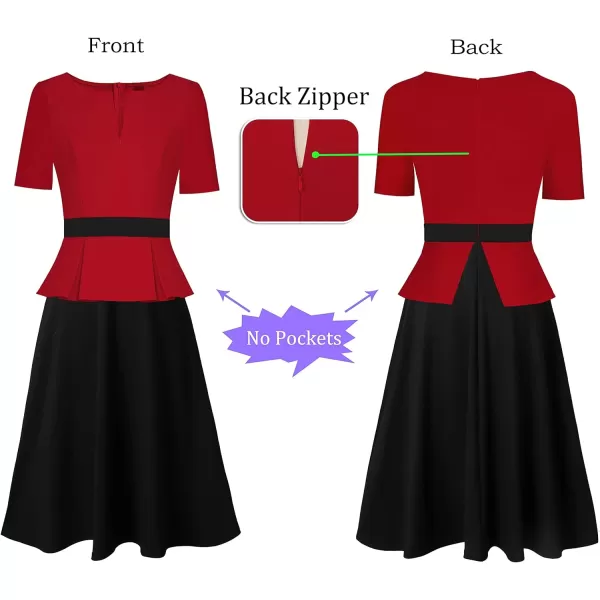 VFSHOW Womens Colorblock Peplum Slim Front Zipper Work Business Office ALine Midi DressRed  Black2