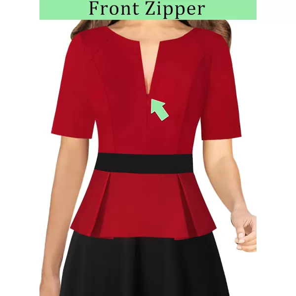 VFSHOW Womens Colorblock Peplum Slim Front Zipper Work Business Office ALine Midi DressRed  Black2