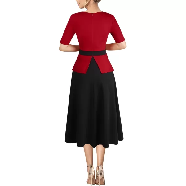 VFSHOW Womens Colorblock Peplum Slim Front Zipper Work Business Office ALine Midi DressRed  Black2