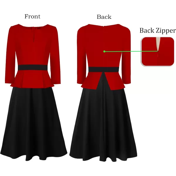 VFSHOW Womens Colorblock Peplum Slim Front Zipper Work Business Office ALine Midi DressRed and Black