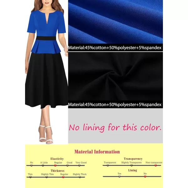 VFSHOW Womens Colorblock Peplum Slim Front Zipper Work Business Office ALine Midi DressRoyal Blue  Black2