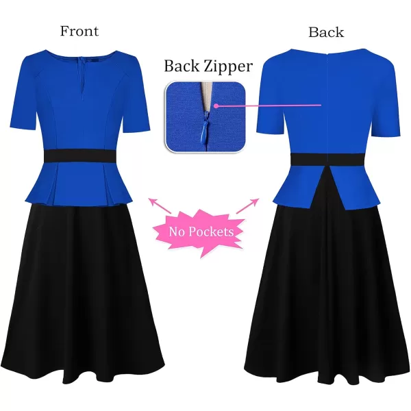 VFSHOW Womens Colorblock Peplum Slim Front Zipper Work Business Office ALine Midi DressRoyal Blue  Black2