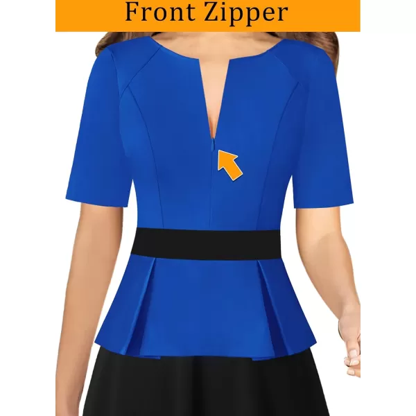 VFSHOW Womens Colorblock Peplum Slim Front Zipper Work Business Office ALine Midi DressRoyal Blue  Black2