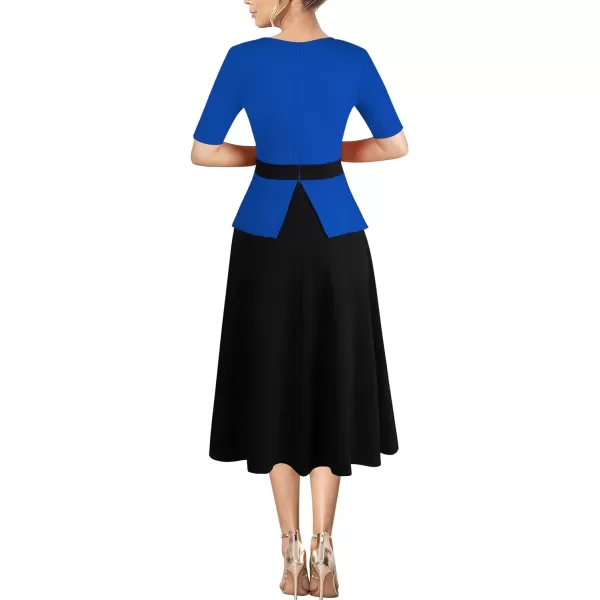 VFSHOW Womens Colorblock Peplum Slim Front Zipper Work Business Office ALine Midi DressRoyal Blue  Black2