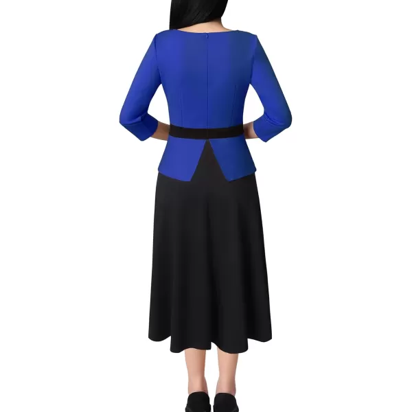 VFSHOW Womens Colorblock Peplum Slim Front Zipper Work Business Office ALine Midi DressRoyal Blue and Black