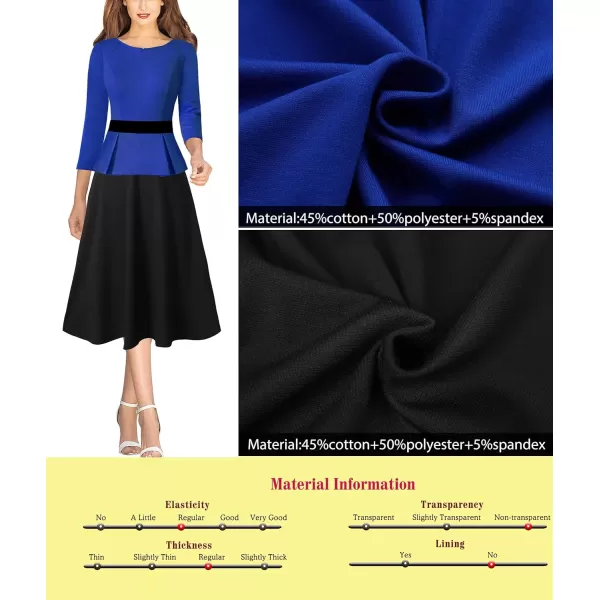 VFSHOW Womens Colorblock Peplum Slim Front Zipper Work Business Office ALine Midi DressRoyal Blue and Black