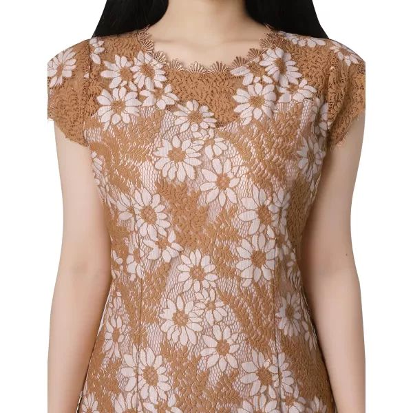 VFSHOW Womens Contrast Floral Lace Shift Scalloped Crew Neck Slim Cocktail Party DressBeige Floral Lace